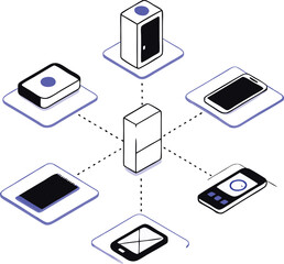Isometric illustration of server network connecting digital devices and data flow
