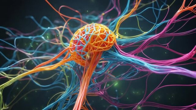 Animated neuron and neural network illustration showcasing brain function and cognitive processes with colorful connections - Powered by Adobe