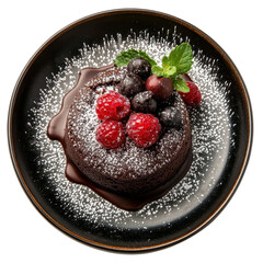 Delicious chocolate dessert topped with fresh berries and mint leaves served on a black plate
