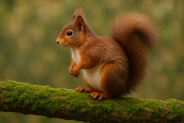 Red squirrel perched on a mossy branch in a forest setting.