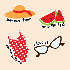 Summer stickers with hat, watermelon, swimsuit and glasses	 