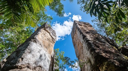 Massive vertical rock columns stretching toward the sky framed by dense subtropical forest