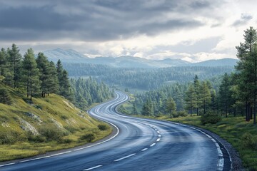 Fototapeta premium Scenic Countryside Highway with Clouds and Curved Landscape. Explore Nature's Pathway