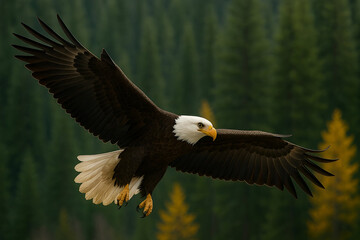 Fototapeta premium Majestic Bald Eagle Soaring Above Forest, Displaying Freedom and Natural Beauty