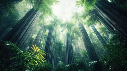 Massive vertical rock columns stretching toward the sky framed by dense subtropical forest