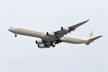 Airbus A340-600 Private Jet on Approach, Grey Sky