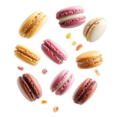 Fototapeta premium Colorful macarons arranged with crumbs on a white background showcasing delightful flavors and textures