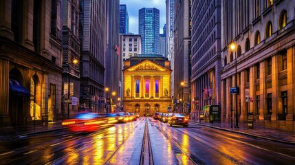 Obraz premium Evening Lights Reflecting on Wet Streets Near Financial District