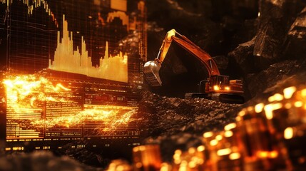 Excavator Mining Gold with Digital Data Visualization Background