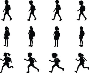 School children with backpack silhouettes set on transparent background