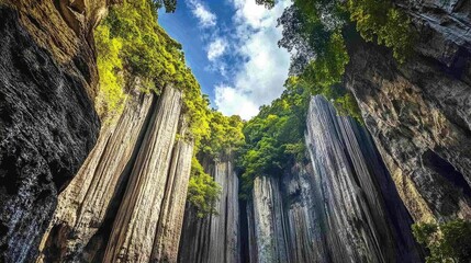 Massive vertical rock columns stretching toward the sky framed by dense subtropical forest