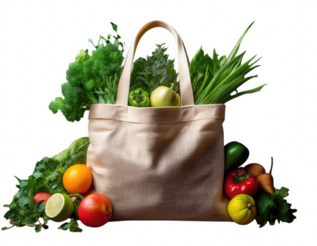 Zero waste cotton grocery bag filled with fresh vegetables, herbs, and fruits on rustic wooden table with jute texture and green leaf accents