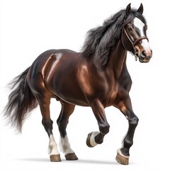 Naklejka premium Powerful Brown Stallion Galloping Gracefully: Equine Beauty in Sunny Farm Pasture