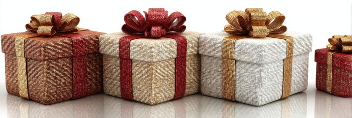 Different wrapped gift boxes with red, white, and gold ribbons, isolated on a pure white background. Christmas presents