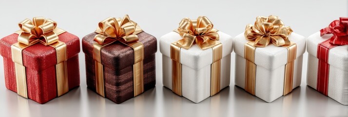 Different wrapped gift boxes with red, white, and gold ribbons, isolated on a pure white background. Christmas presents