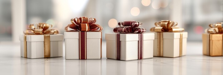 Different wrapped gift boxes with red, white, and gold ribbons, isolated on a pure white background. Christmas presents