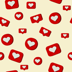 Seamless pattern with hearts in the form of red messages on a beige background. Vector illustration, for decorating your designs in a symbolic holiday style likes