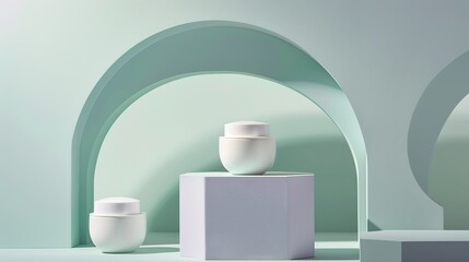 Minimalist Skincare Display with White Jars and Arches