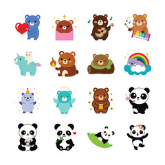 Collection of 16 Adorable Kawaii Bears in Fun Outfits and Poses Isolated on White Background