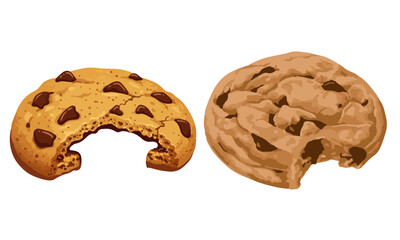 Bitten cookie with chocolate chips cartoon illustration. Chocolate Cookies Flat design. Stack of delicious chocolate chip cookies.