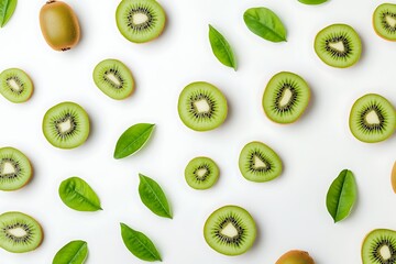 Fototapeta premium A whole kiwi fruit, its halves, and slices arranged on a white background
