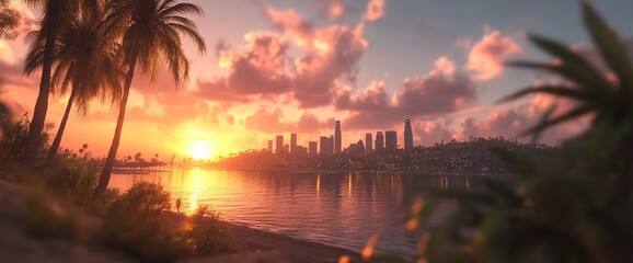 Los Angeles Skyline at Sunset with Palm Trees Silhouetted in Foreground