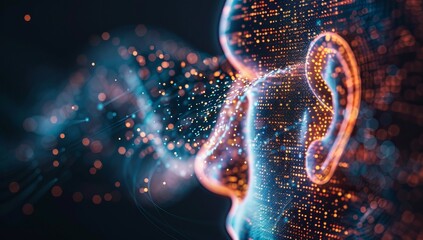 Human ear with digital data flowing in, symbolizing the connection between technology and listening skills for an enhanced customer experience. AI emphasize human interaction. Music and sound therapy