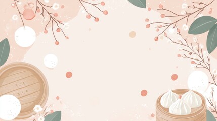 Minimalist background with centered bamboo steamer containing beautifully arranged dumplings
