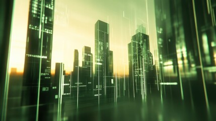 Futuristic Cityscape with Digital Elements and Urban Skyline at Sunset
