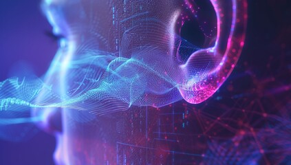 Human ear with digital data flowing in, symbolizing the connection between technology and listening skills for an enhanced customer experience. AI emphasize human interaction. Music and sound therapy