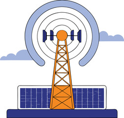 Simplified illustration of communication tower antenna infrastructure with clouds on transparent background