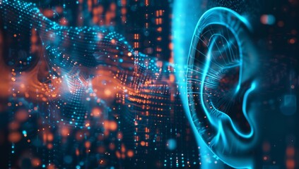 Human ear with digital data flowing in, symbolizing the connection between technology and listening skills for an enhanced customer experience. AI emphasize human interaction. Music and sound therapy