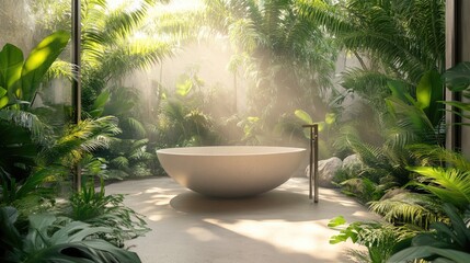 Minimalist bathtub set into a concrete floor, surrounded by lush green plants and soft natural light