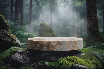 Obraz premium Mystical Moss-Covered Rock in Foggy Forest. Nature's Peaceful and Serene Woodland Scene