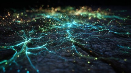 Intricate network of glowing mycelium spreading across a dark, textured forest floor. Bioluminescent highlights in blues and greens.
