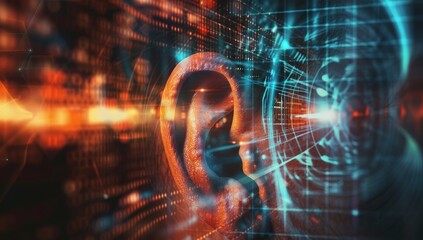 Human ear with digital data flowing in, symbolizing the connection between technology and listening skills for an enhanced customer experience. AI emphasize human interaction. Music and sound therapy