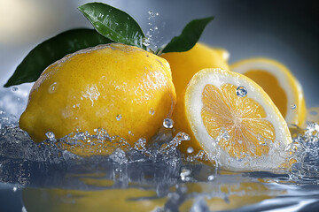 bright yellow lemon and green leaves splashing in crystal clear water with dynamic movement, creating a refreshing and lively composition. Perfect for beverage, health or summer-themed designs.