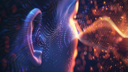 Human ear with digital data flowing in, symbolizing the connection between technology and listening skills for an enhanced customer experience. AI emphasize human interaction. Music and sound therapy