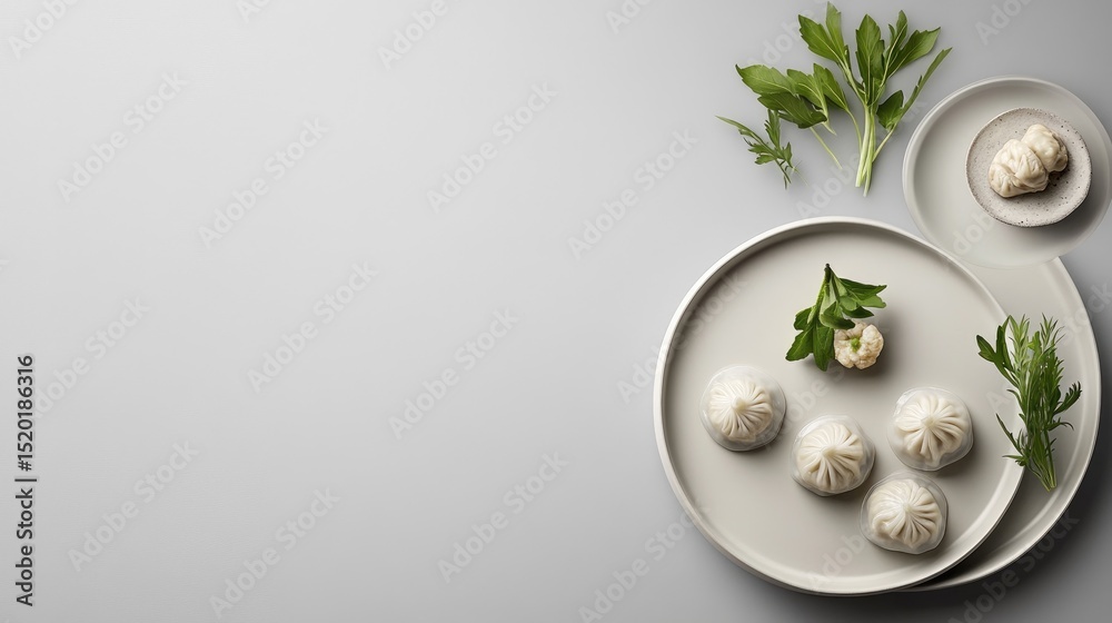 Fototapete minimalist modern presentation of dim sum on matte ceramic plates with clean background