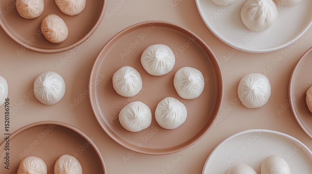 Fototapete Minimalist modern presentation of dim sum on matte ceramic plates with clean background