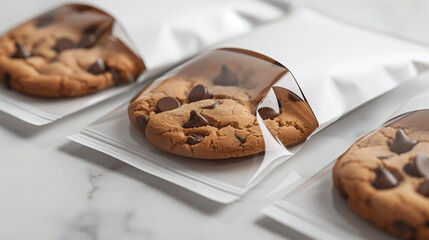transparent ziplock pouch filled with cookies, clean label design, isolated on white background, food packaging mockup