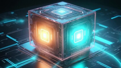 Futuristic digital cube displaying glowing circuitry and data processing visualizations within a technological environment - Powered by Adobe