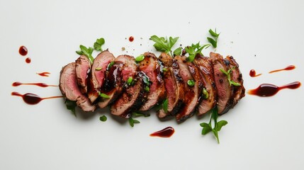 Minimalist presentation of duck slices on a clean white background with sauces and greens