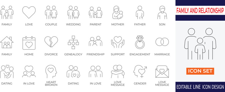 A heartwarming line icon set representing family bonds, relationships, love, and togetherness. Ideal for wedding invitations, parenting blogs, social apps, and emotional storytelling designs.