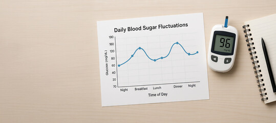 Diabetes monitoring setup with blood sugar fluctuation chart and glucose meter concept of health management, diabetes care, medical equipment, daily health routine, important data, Banner, copy space