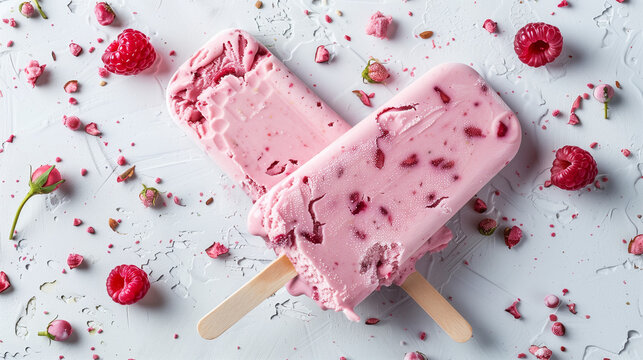 Delicious, fresh strawberry and raspberry icream, a sweet pink dessert on a white background