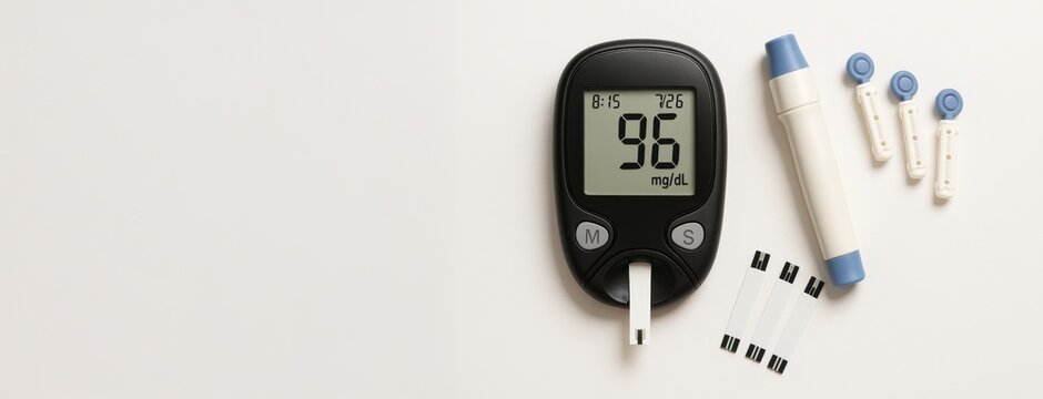 Diabetes management tools including glucose meter and test strips for accurate blood sugar monitoring. health care equipment, diabetes awareness, Glucometer, white background, wide banner, copy space