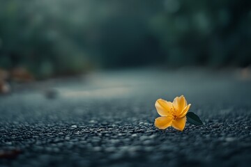 Single Flower Breaking Asphalt Representing Strength and Hope, Copy Space on Right