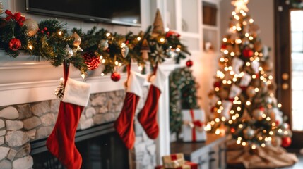 Four Red Christmas Stockings Hanging on Decorated Fireplace Mantel. Concept of Holiday Decorations, Festive Interior, Christmas Tradition