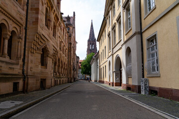 View to Freiburg Minster Spire from Historic Street